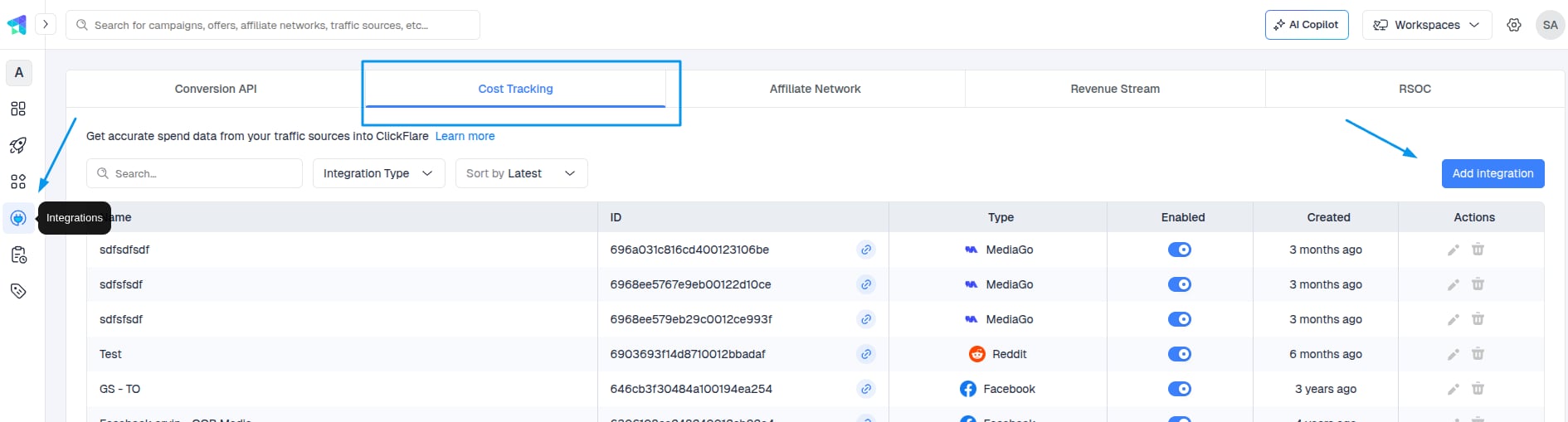 Integrations → Cost Tracking Integrations