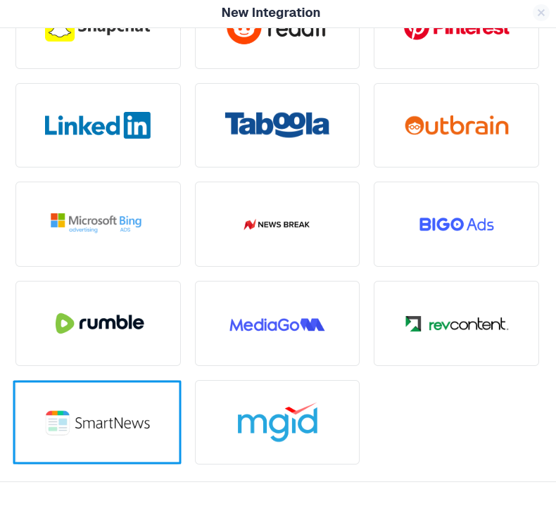From the list of available integrations, select SmartNews