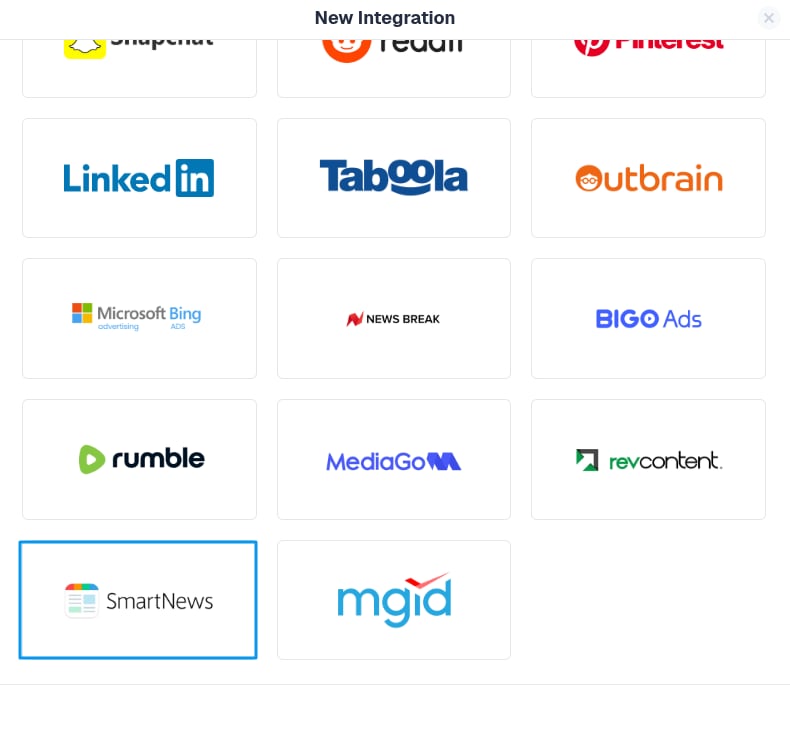 From the list of available integrations, select SmartNews