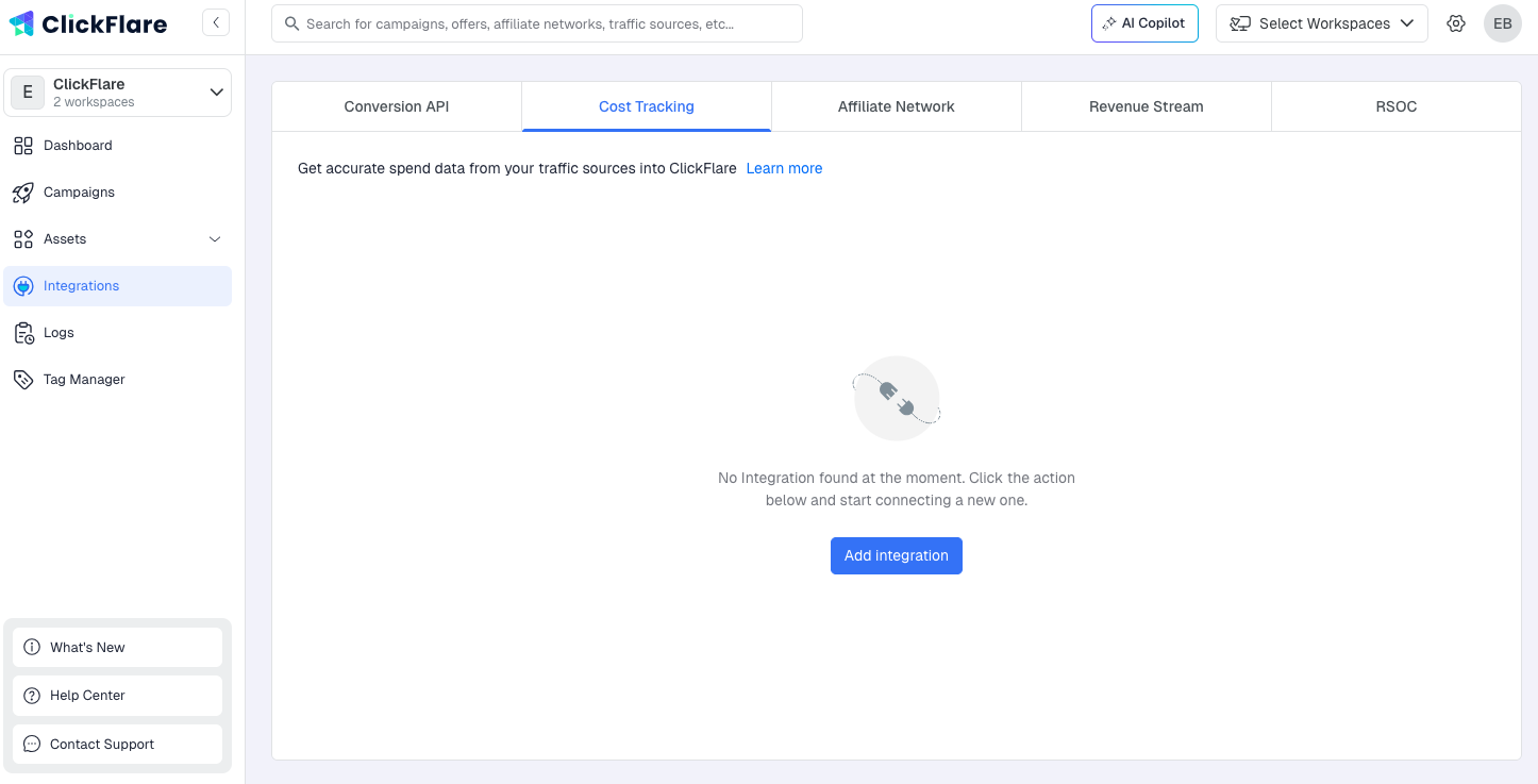 Inside ClickFlare, go to Integrations from the left-hand sidebar menu and navigate to the Cost Tracking tab