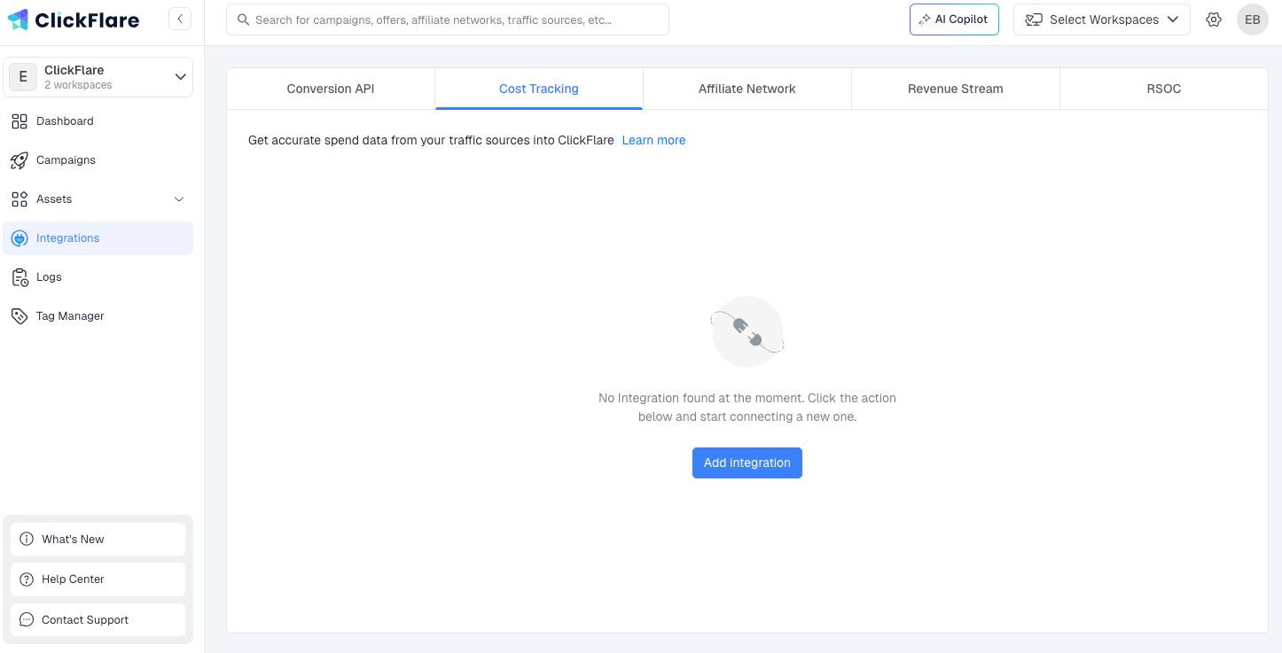 Inside ClickFlare, go to Integrations from the left-hand sidebar menu and navigate to the Cost Tracking tab