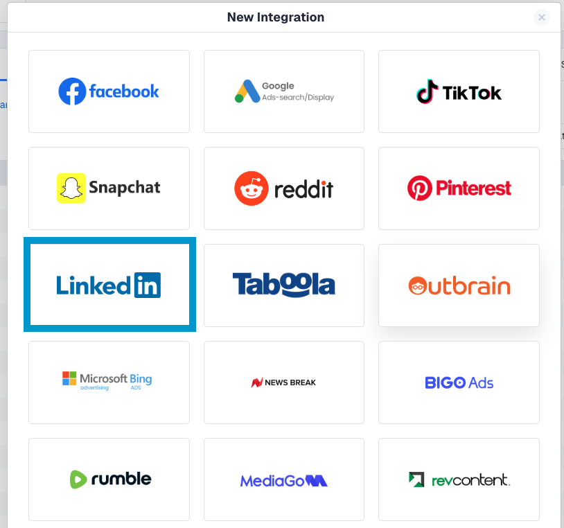Click the Add Integration button in the top-right corner and select LinkedIn from the list