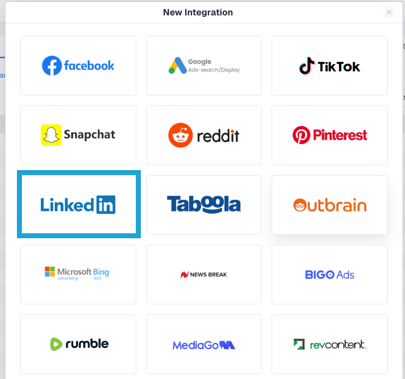Click the Add Integration button in the top-right corner and select LinkedIn from the list