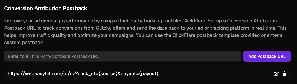 Click on Add Postback URL - a preview of the postback URL will show under the postback input field form
