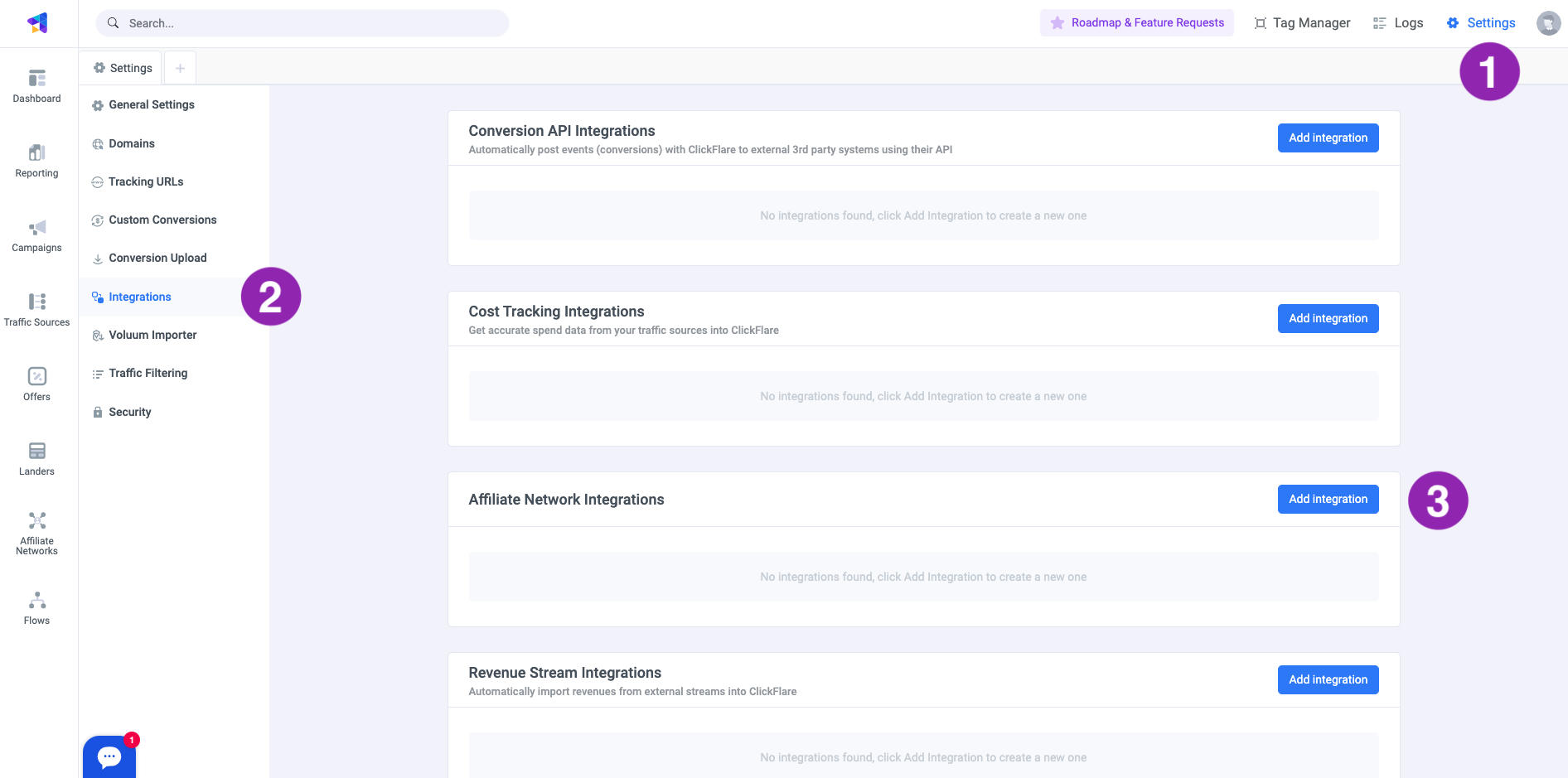 In the Affiliate Network Integrations' section, click on Add Integration