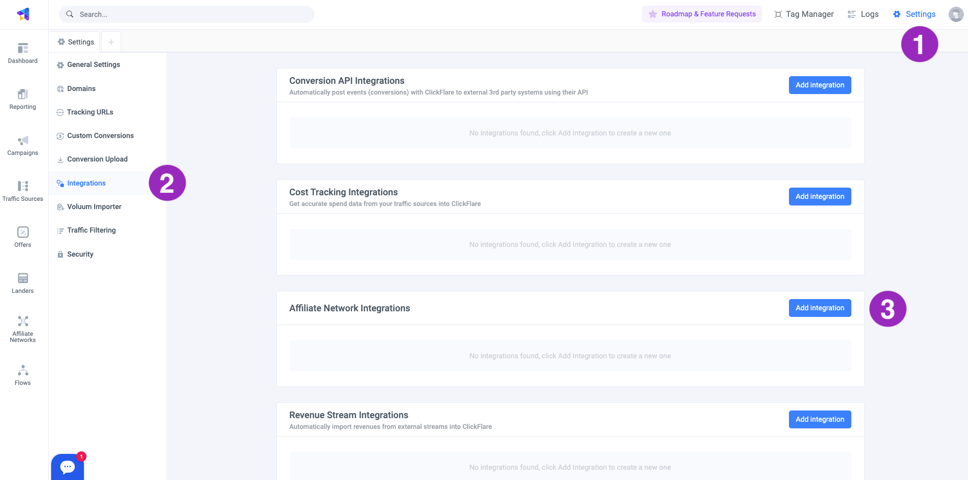 In the Affiliate Network Integrations' section, click on Add Integration