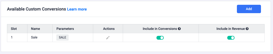 Go to custom conversions from the right-side Settings menu, and create a new custom conversion called Sale (see image)