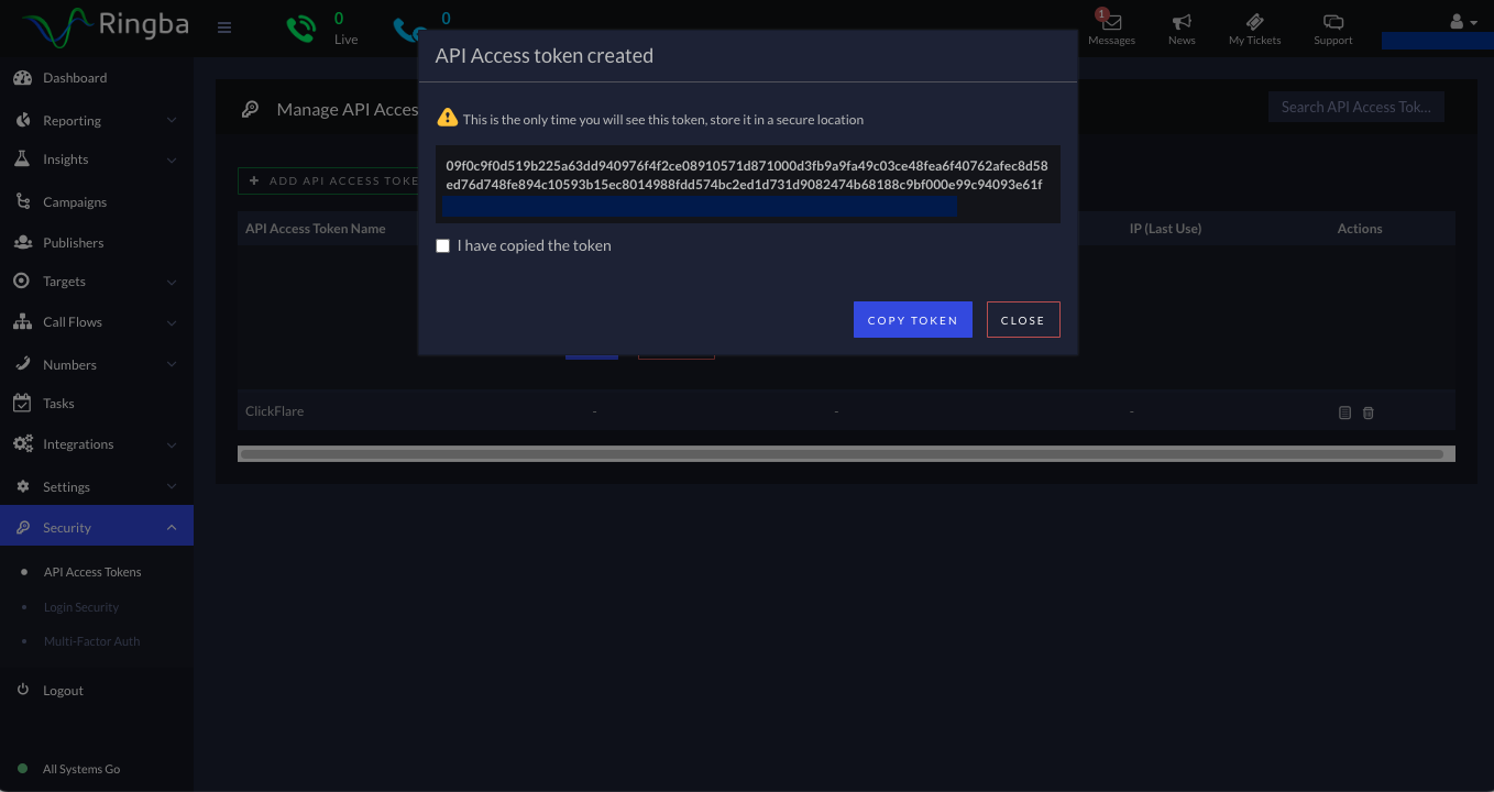 Copy the access token for later use during the integration with ClickFlare