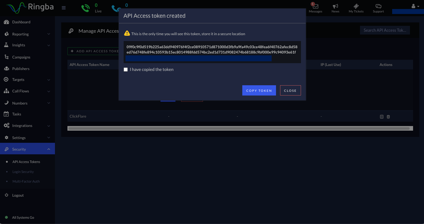 Copy the access token for later use during the integration with ClickFlare