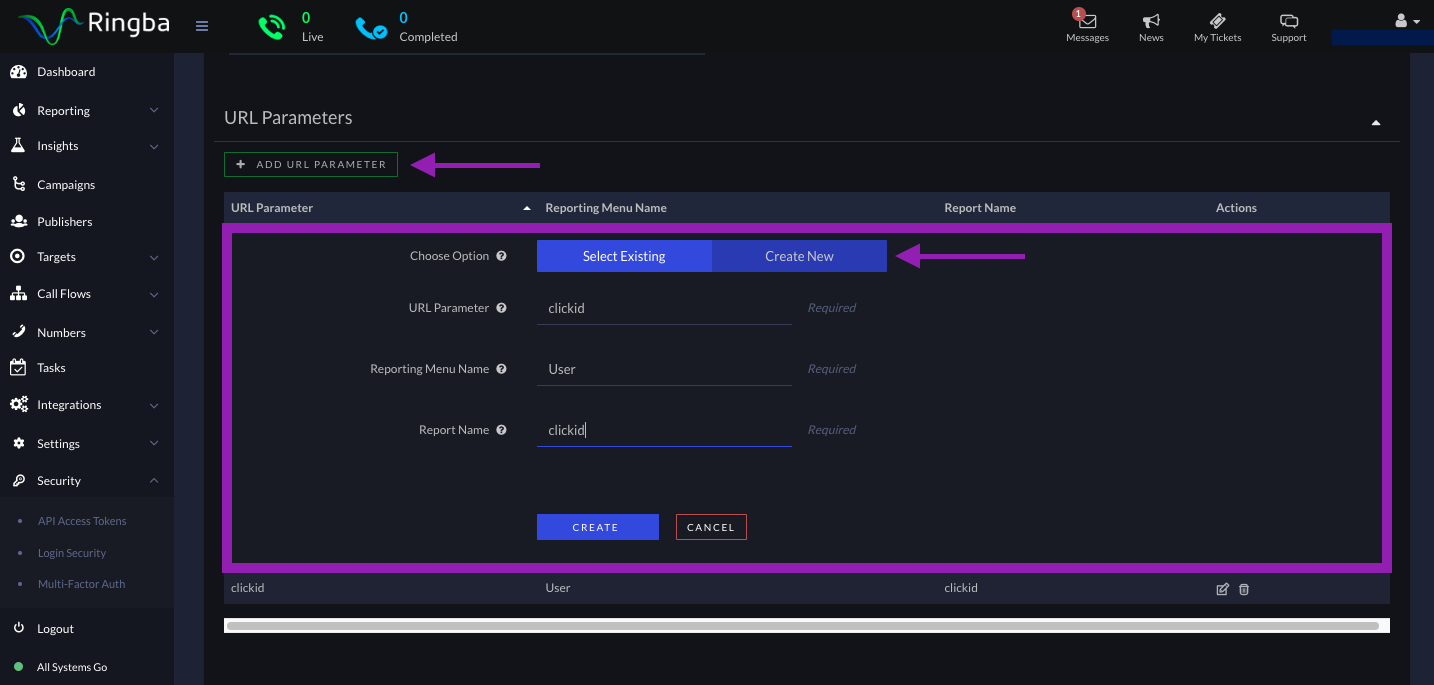 Select the Create New button and configure a new URL parameter as illustrated in the provided image