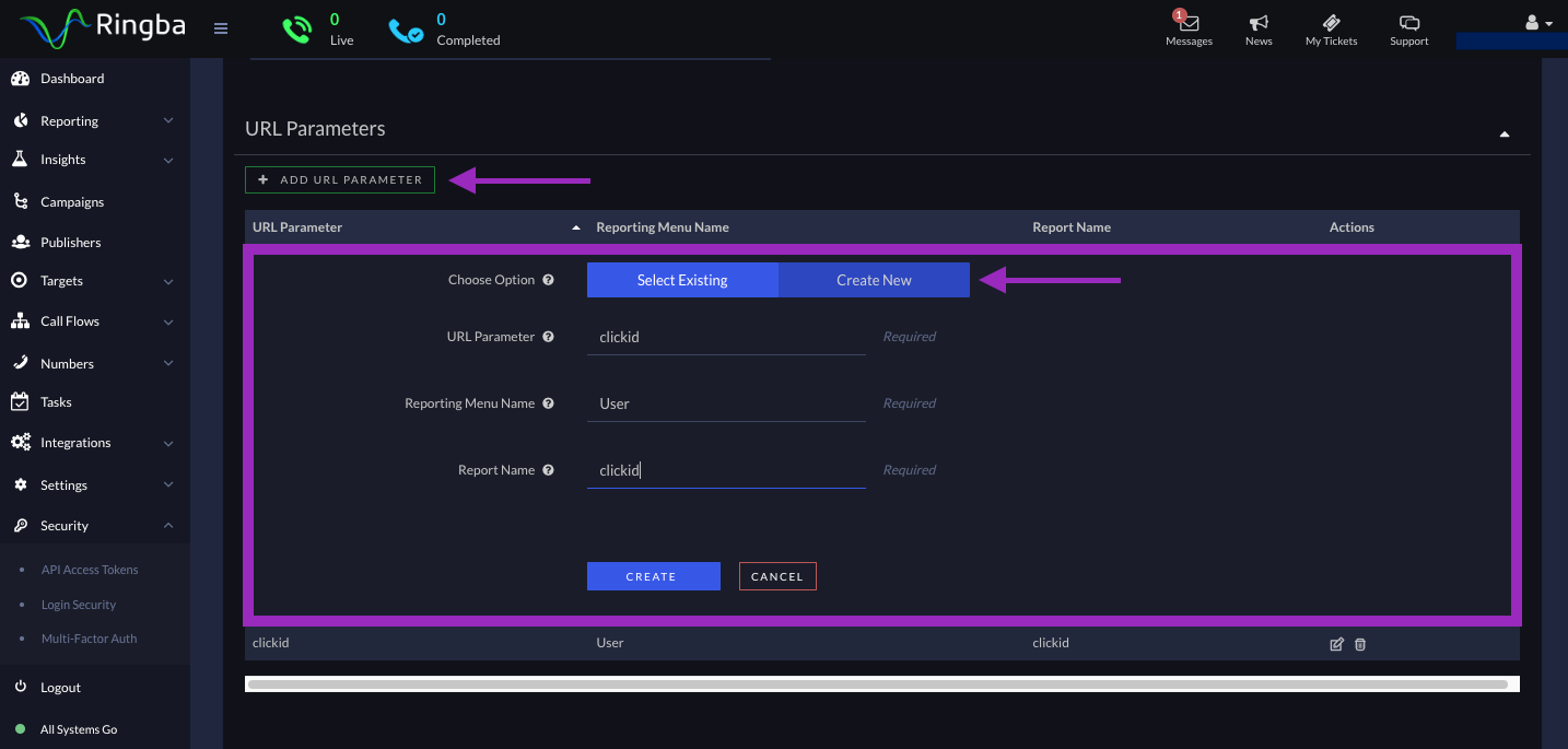 Select the Create New button and configure a new URL parameter as illustrated in the provided image