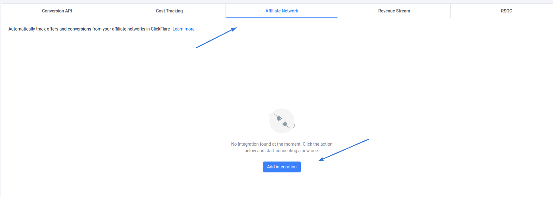 In the Affiliate Network Integrations section, click Add Integration