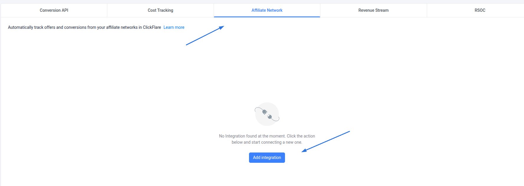 In the Affiliate Network Integrations section, click Add Integration