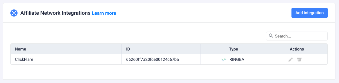 Your new Integration will now be listed on the Affiliate Network Integrations Section