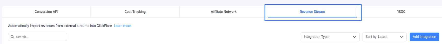 Under Revenue Stream, click Add Integration
