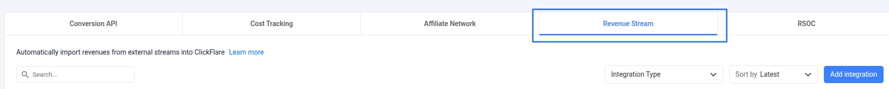 Under Revenue Stream, click Add Integration