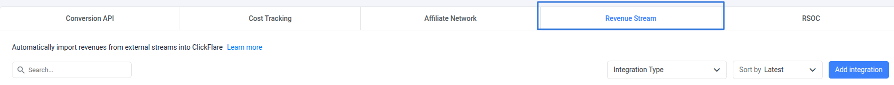 Under Revenue Stream, click Add Integration