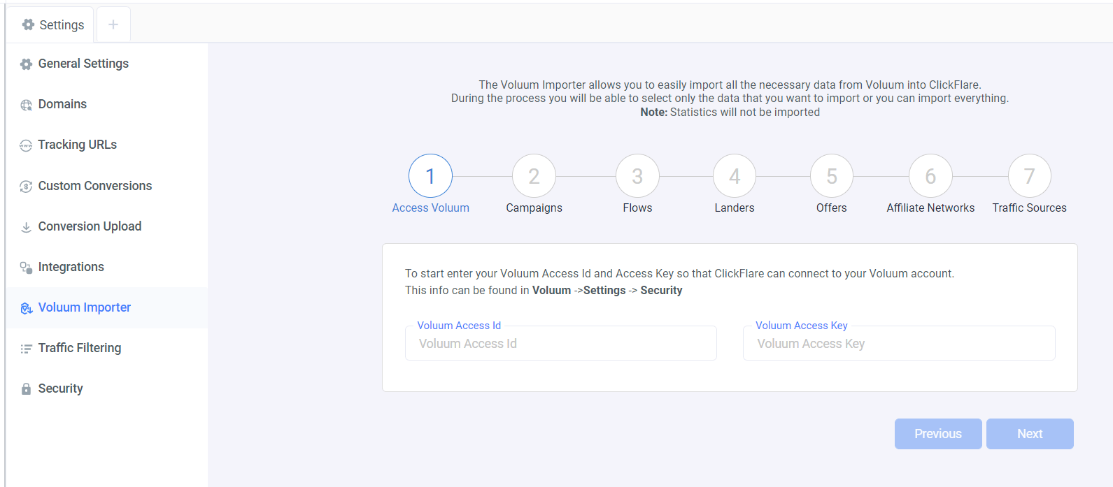 Continue by selecting Voluum Importer in the Setting Menu