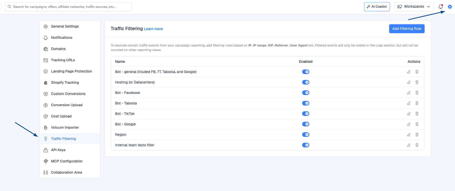 In the Settings List, select Traffic Filtering (located just above Collaboration Area)