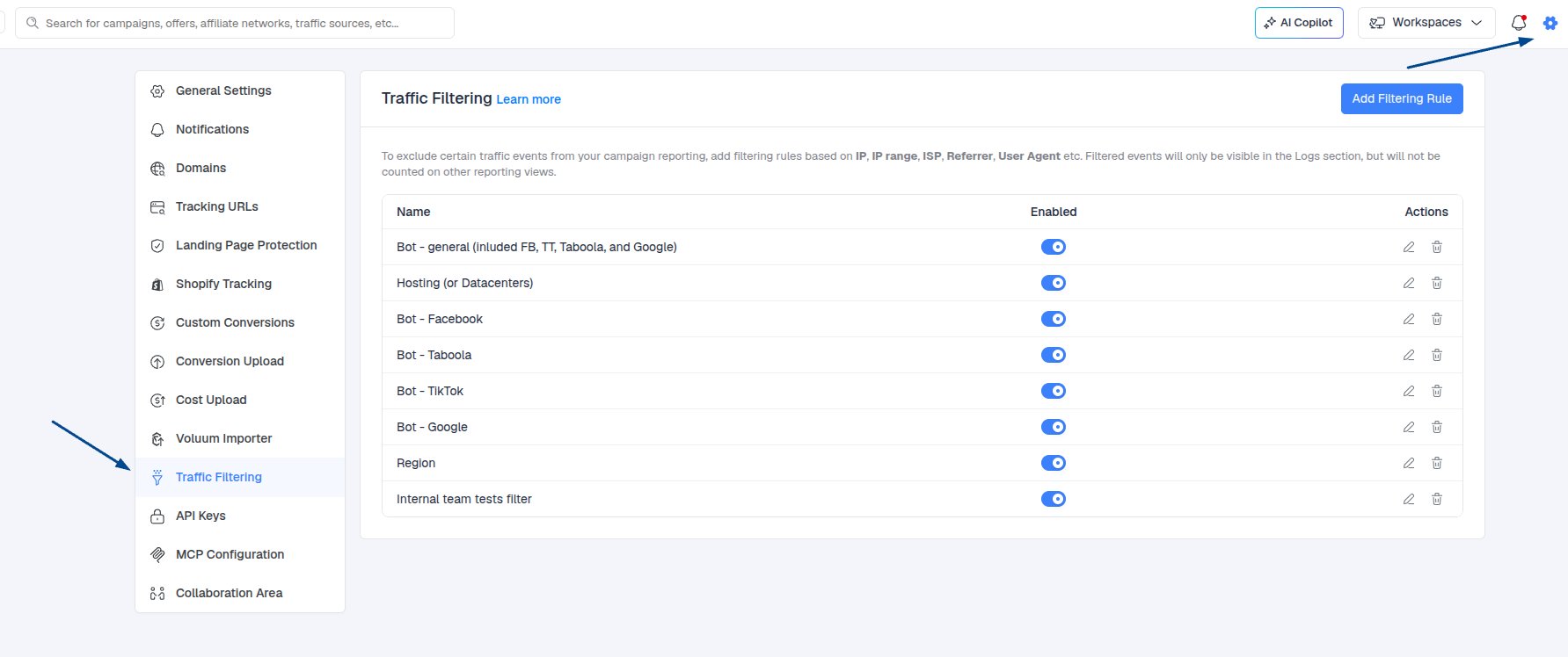 In the Settings List, select Traffic Filtering (located just above Collaboration Area)