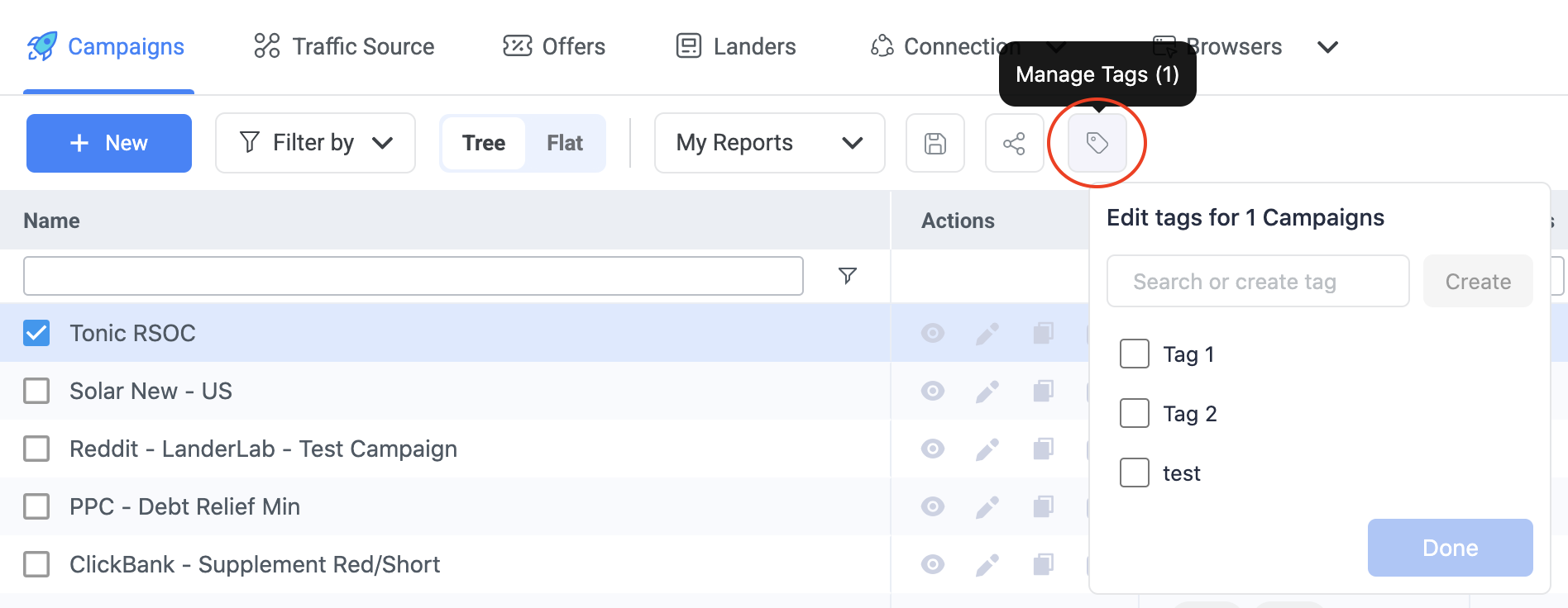 The tag action becomes available only when at least one element is selected