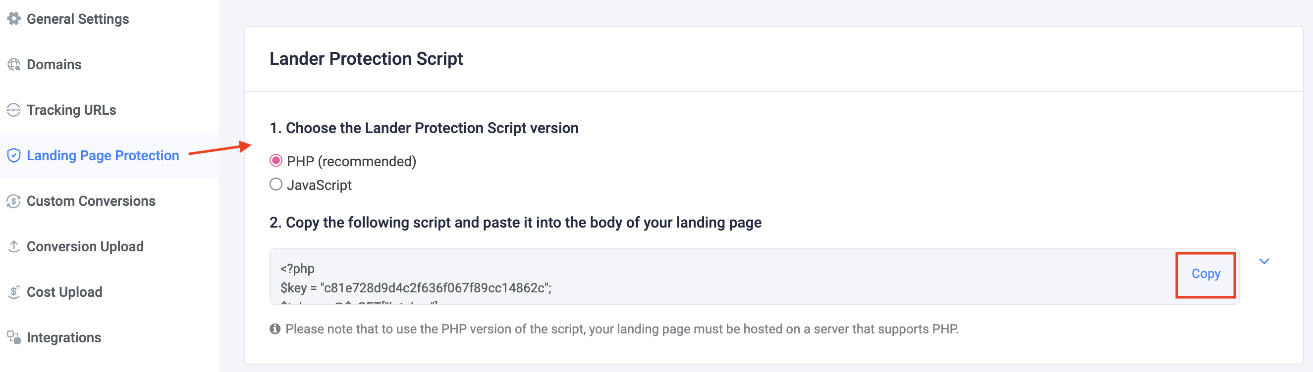 PHP: Paste the generated script into the of your landing page