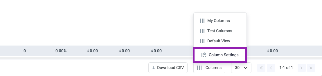 In ClickFlare, click Column Setting in the bottom right corner