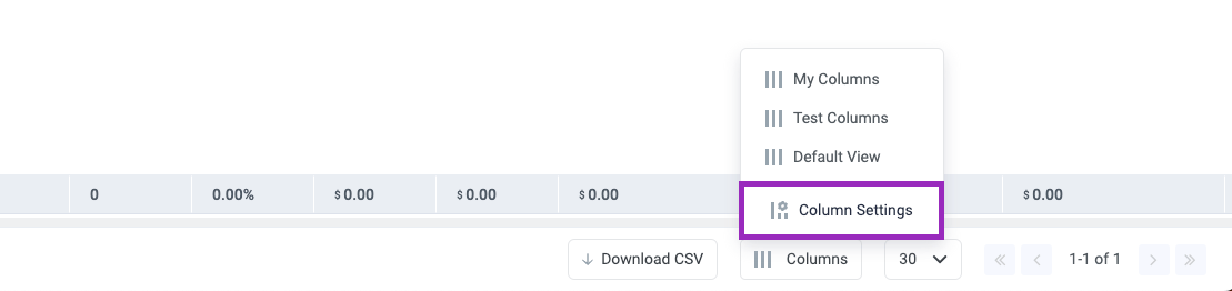In ClickFlare, click Column Setting in the bottom right corner