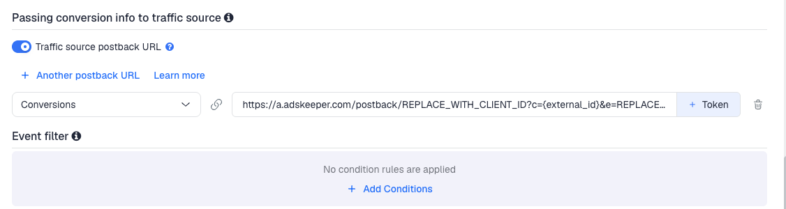 The Traffic source postback URL switched on, showing the AdsKeeper template's postback