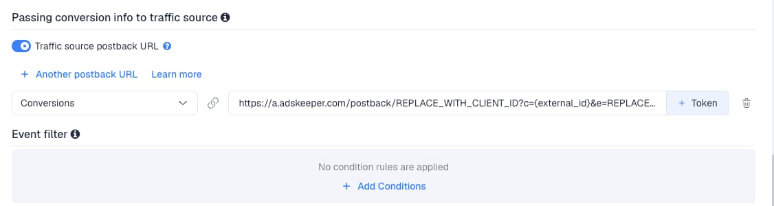 The Traffic source postback URL switched on, showing the AdsKeeper template's postback