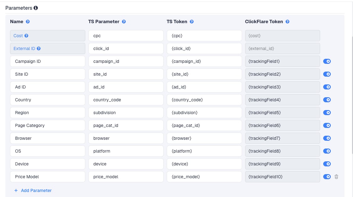 The Kadam template's Parameters table in ClickFlare, with Kadam's macros pre-filled
