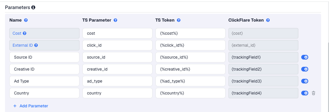 The MyBid template's Parameters table in ClickFlare, with MyBid's macros pre-filled