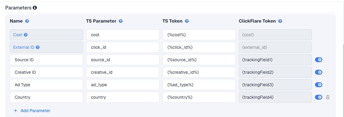 The MyBid template's Parameters table in ClickFlare, with MyBid's macros pre-filled