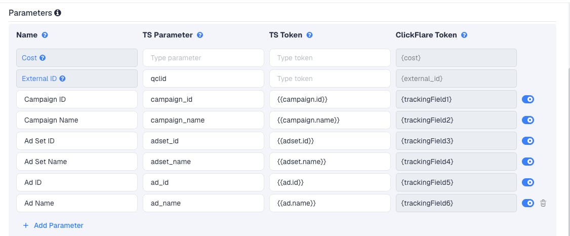 The Quora Ads template's Parameters table in ClickFlare, with Quora Ads' macros pre-filled