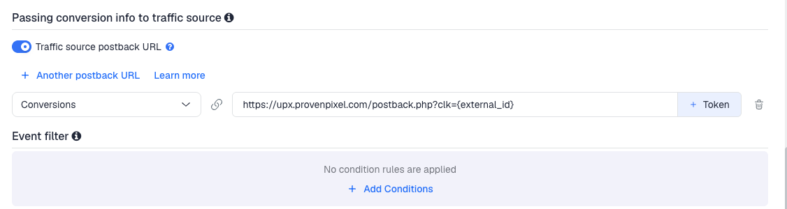 The Traffic source postback URL switched on, showing the SourceKnowledge template's postback