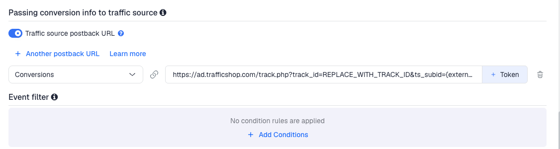 The Traffic source postback URL switched on, showing the TrafficShop template's postback