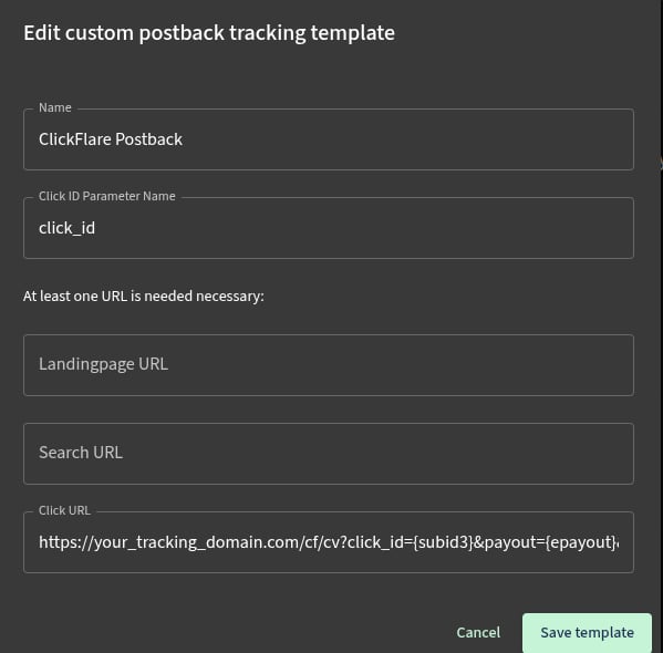 Navigate to Tracking Templates Add Custom Postback (2)