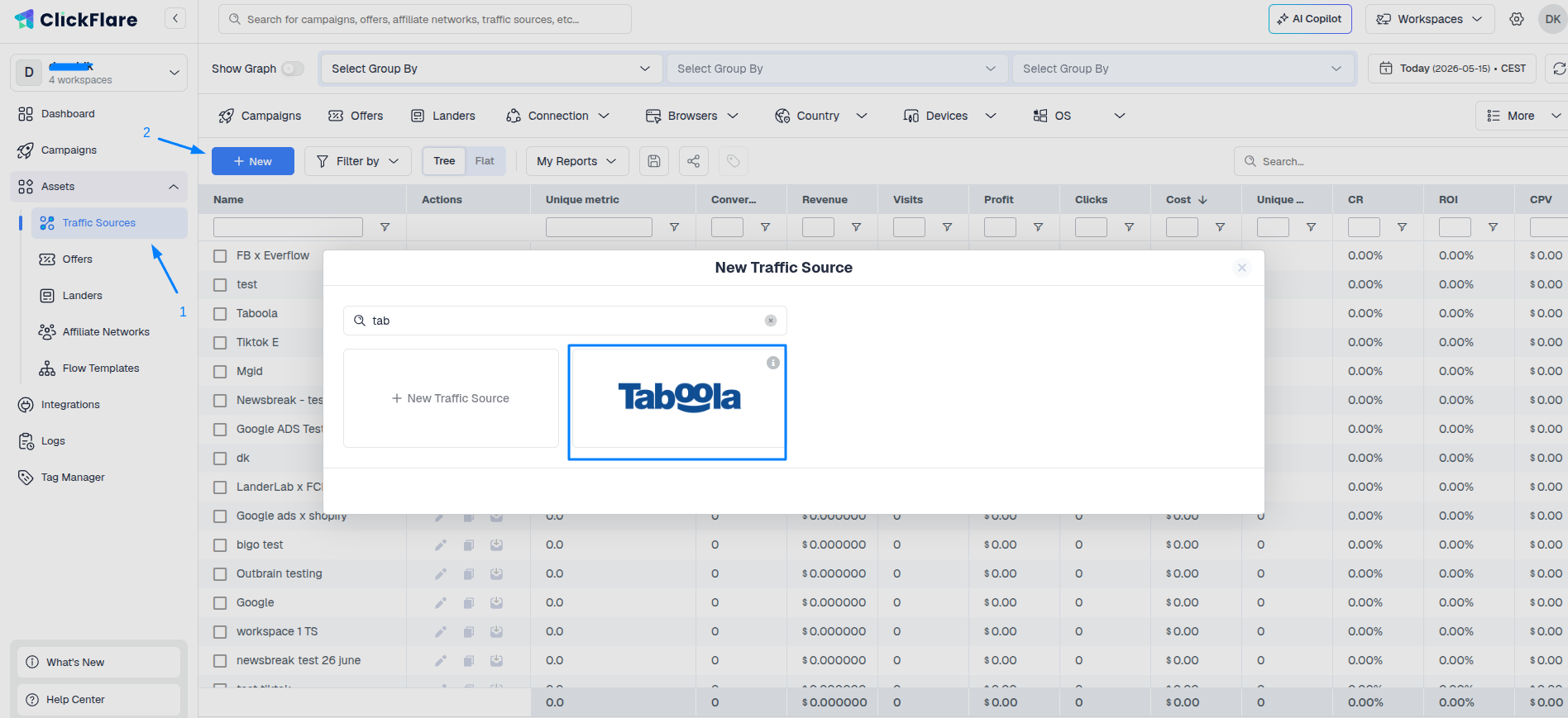 Search for and select the Taboola pre-built template