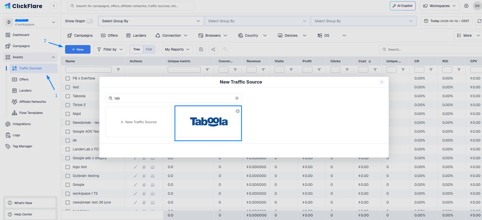 Search for and select the Taboola pre-built template