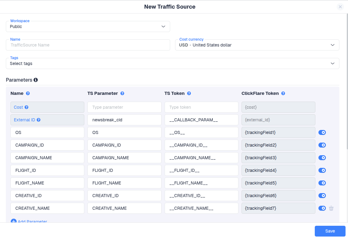 Adjust any settings in the New Traffic Source form if necessary, then click Save