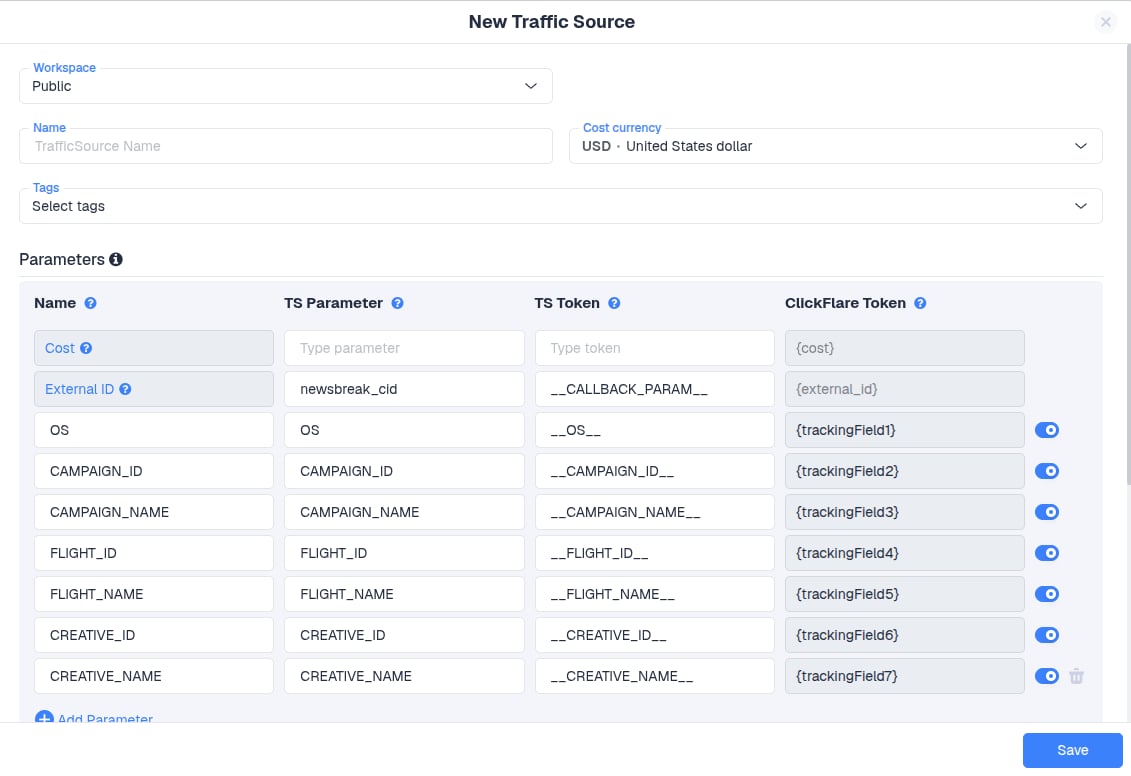 Adjust any settings in the New Traffic Source form if necessary, then click Save