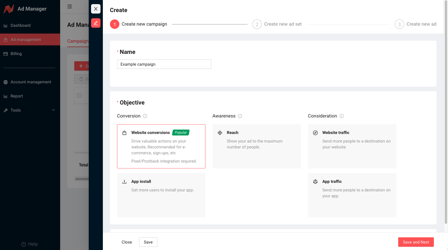 Enter a campaign name and select your campaign objective. Click Save and Next
