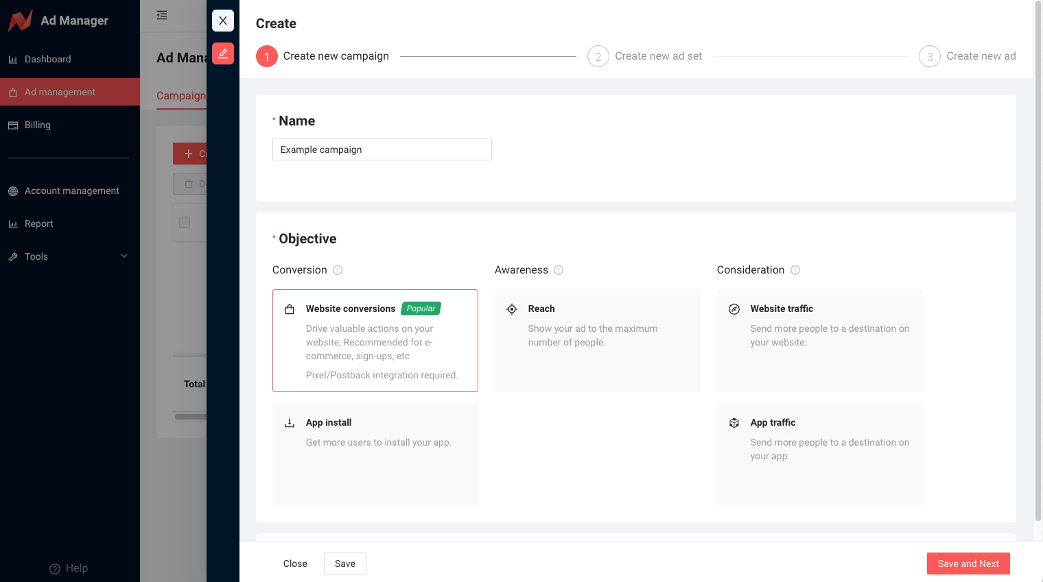 Enter a campaign name and select your campaign objective. Click Save and Next