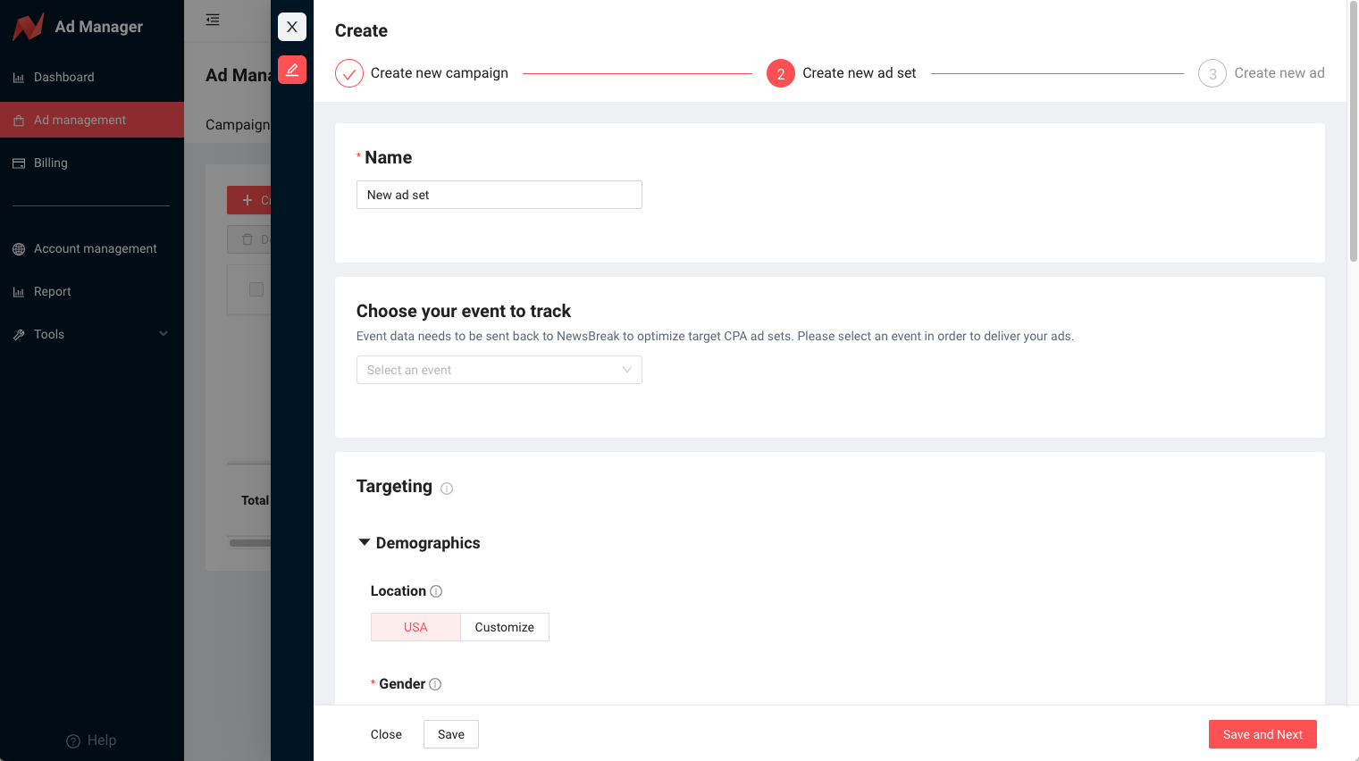 Set your targeting options, then click Save and Next