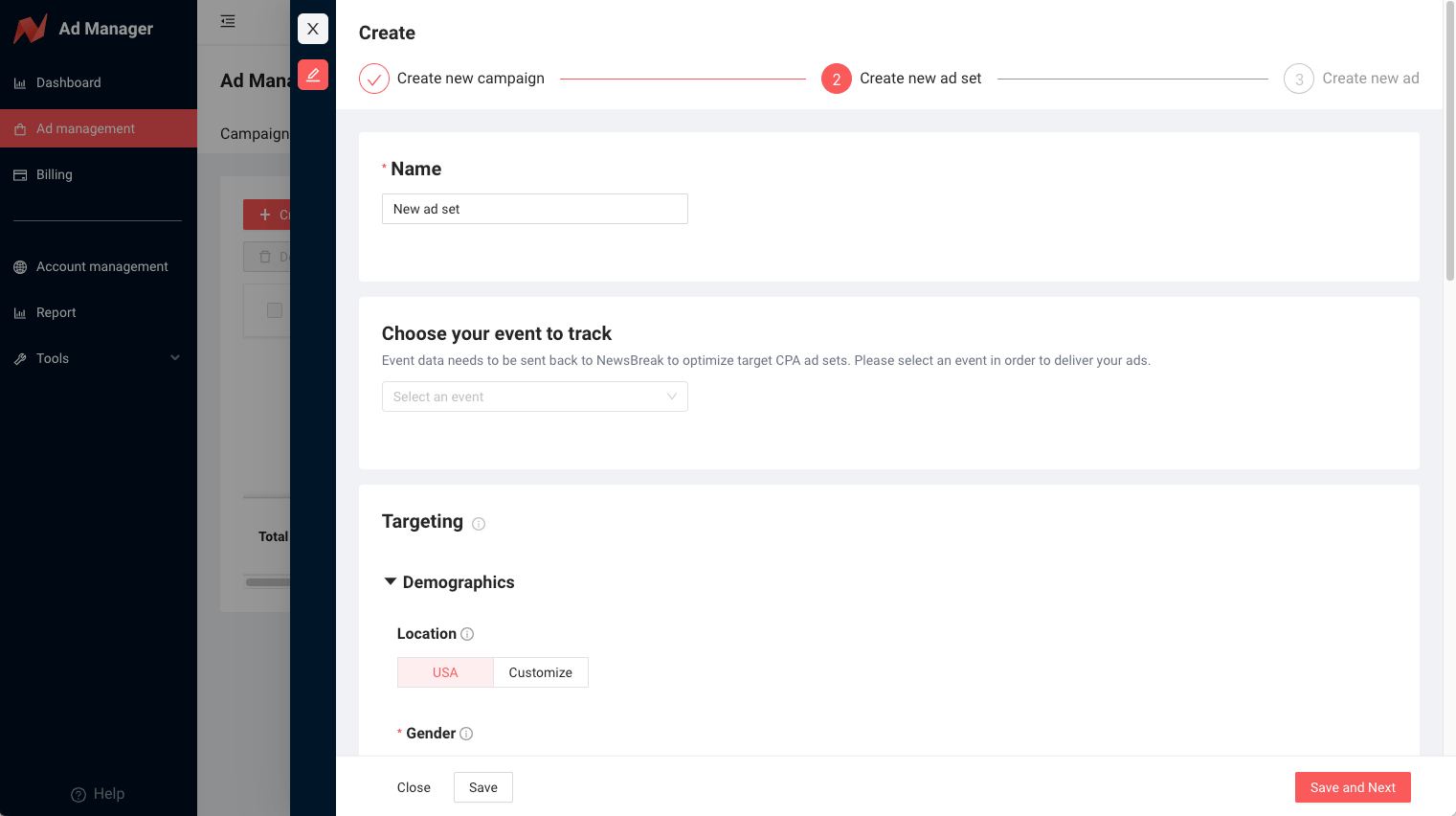 Set your targeting options, then click Save and Next