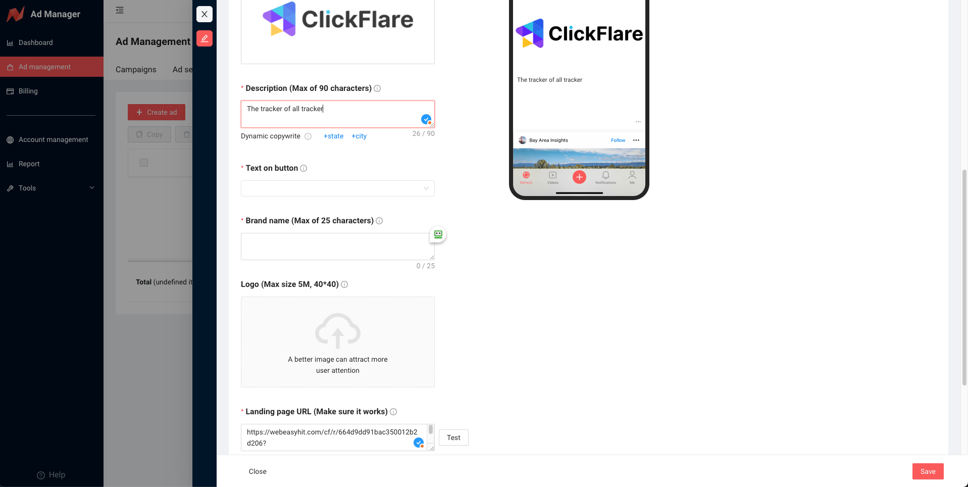 Configure your ad settings, paste the ClickFlare campaign URL into the Landing Page URL field, and click Save