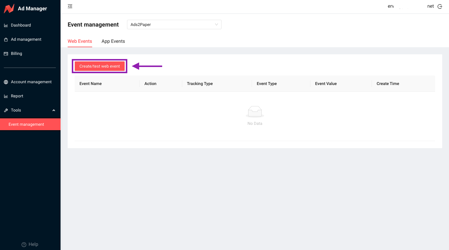 Select Web Events and click Create/Test Web Event