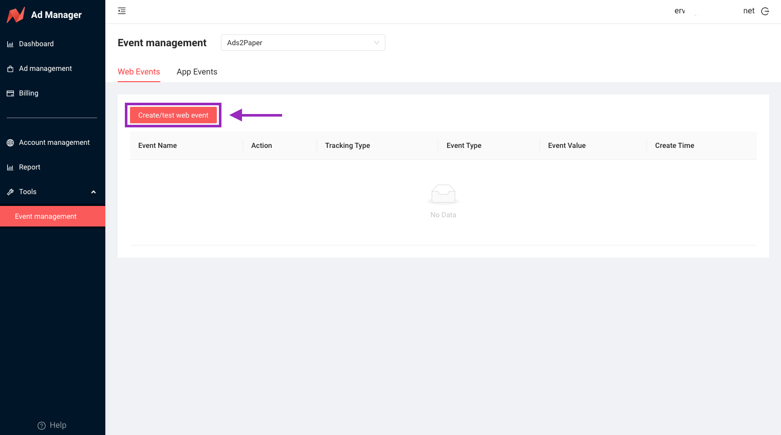 Select Web Events and click Create/Test Web Event