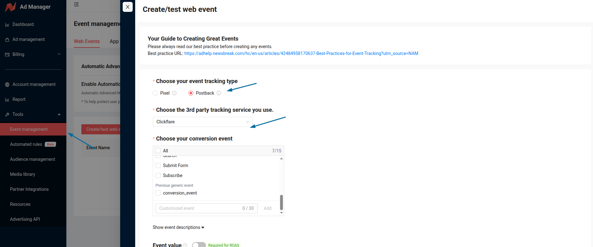 Name the event, choose Conversion Event, and select Postback as the event tracking type