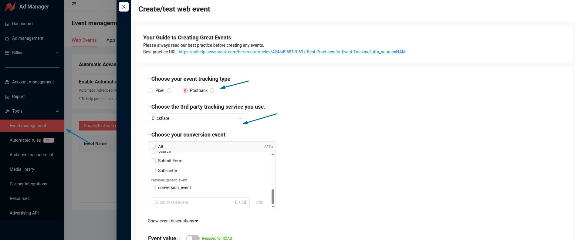 Name the event, choose Conversion Event, and select Postback as the event tracking type